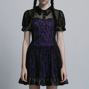 Gothic Black and Purple Unconventional Lace Ruffle Hem Mini Cosplay Dress